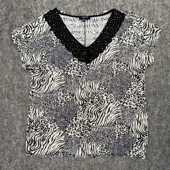 Notations Blouse Womens 1X Plus‎ Size Ruffled Sequin Top Zebre Cheetah Print - Picture 2 of 12